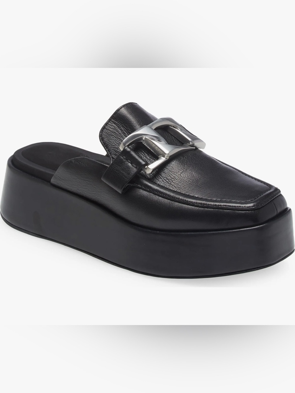 rag & bone Black Leather Platform Mule with Silver Buckle